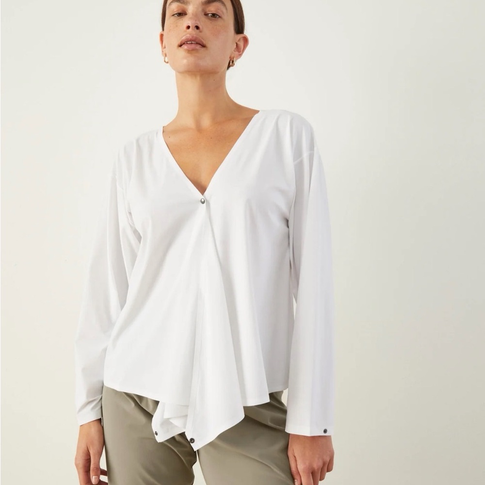 ADAY White V-Neck Draped Long-Sleeve Blouse